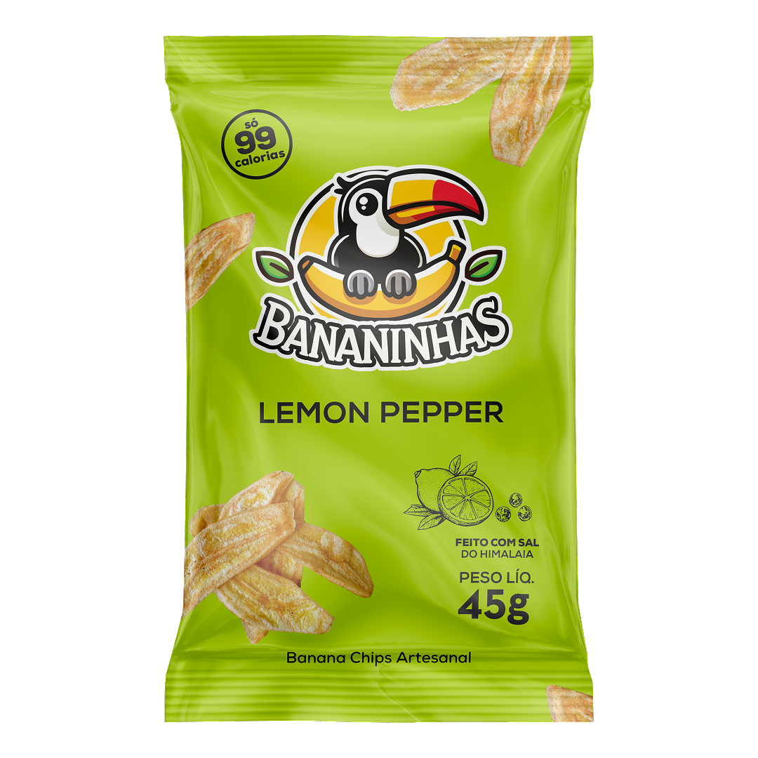 Pacote de banana chips Bananinhas sabor Lemon Pepper