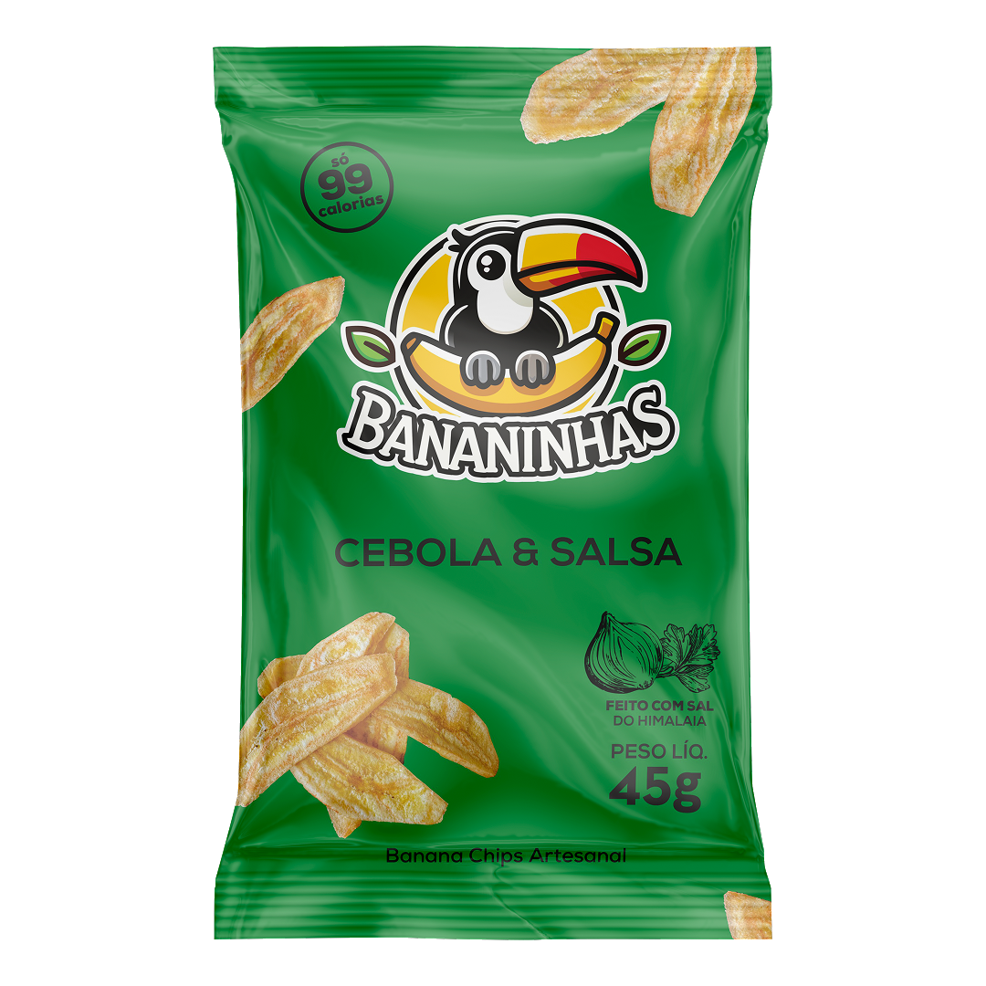 Pacote de banana chips Bananinhas sabor Cebola e Salsa