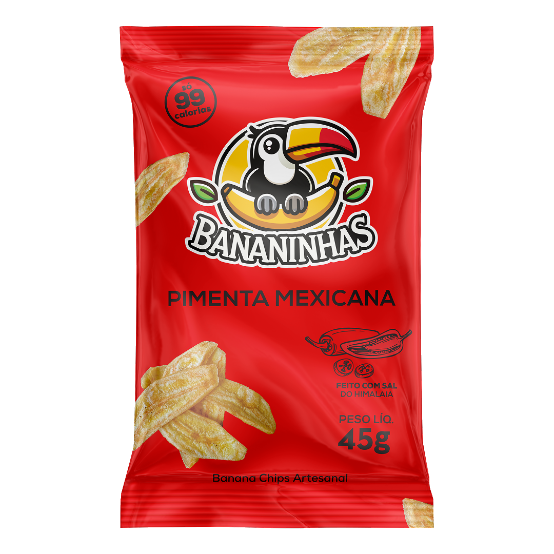 Pacote de banana chips Bananinhas sabor Pimenta Mexicana